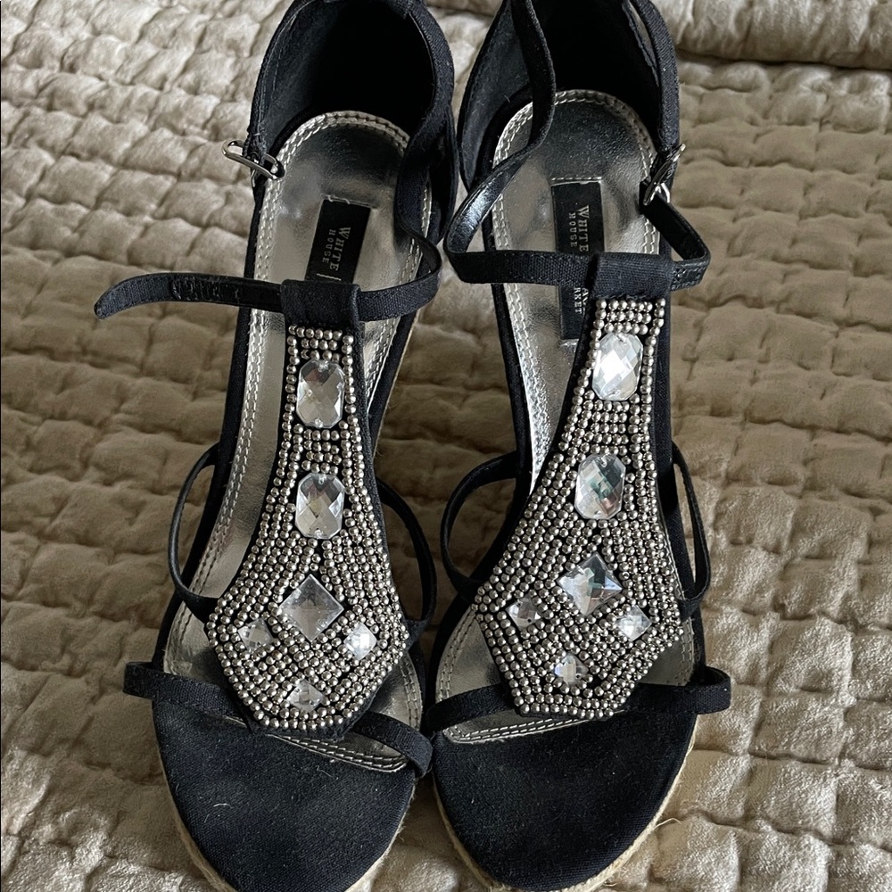 WHBM Chic Black Strappy Heels with Crystal Accents